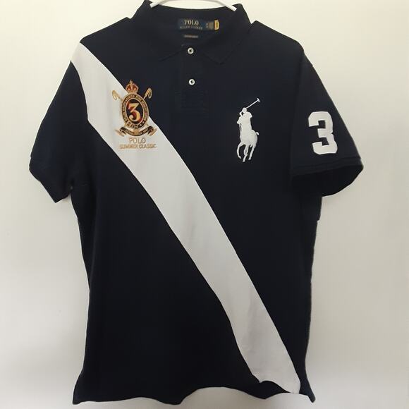 Polo Ralph Lauren XL Custom Slim White Blue Big Pony Crest Colorblock Polo #3 - Picture 1 of 9